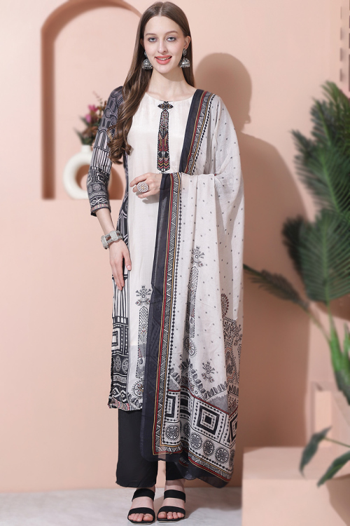 Cotton Silk Off White Printed Straight Cut Suit