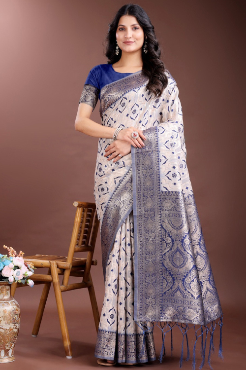 Cotton Silk Off White Saree With Weaved Work For Navratri