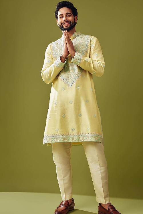 Cotton Silk Pale Yellow Embroidered Men's Kurta Pajama 
