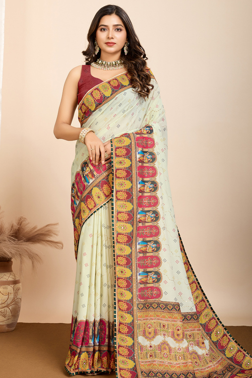 Cotton Silk Pale Yellow Printed Light Weight Saree