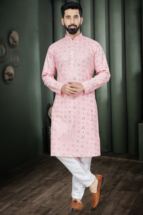 Cotton Silk Pastel Pink Embroidered Men's Kurta Pajama