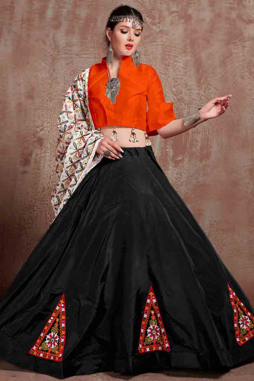 Cotton Silk Patch Embroidered Black Flared Lehenga