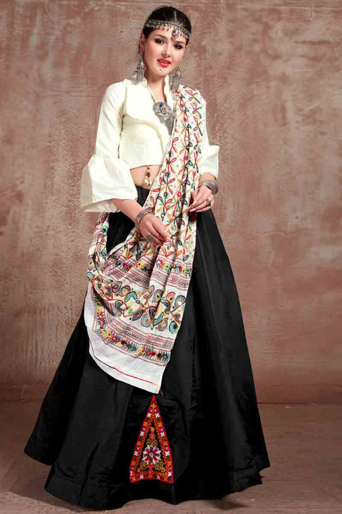 Patch Embroidered Black Flared Cotton Silk Lehenga