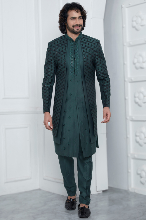 Cotton Silk Peacock Green Embroidered Jacket Style Men's Sherwani 
