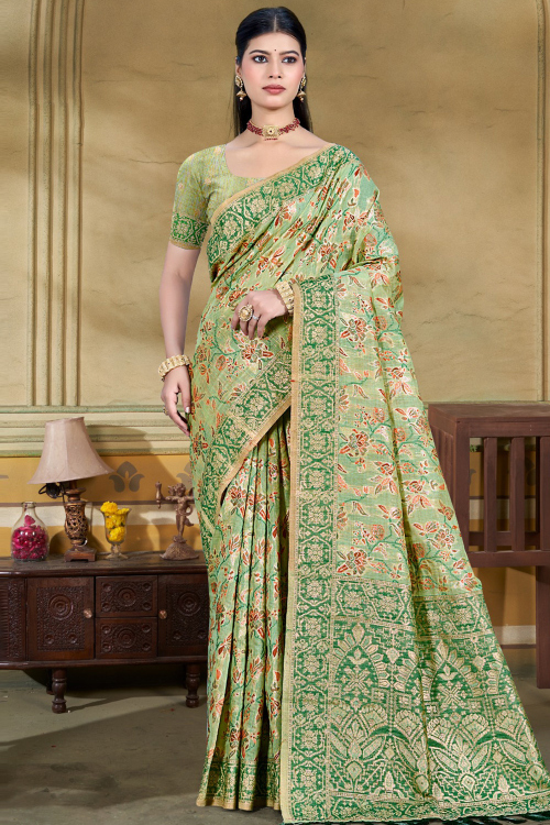 Cotton Silk Pistachio Green Saree With Weaved Work For Festival