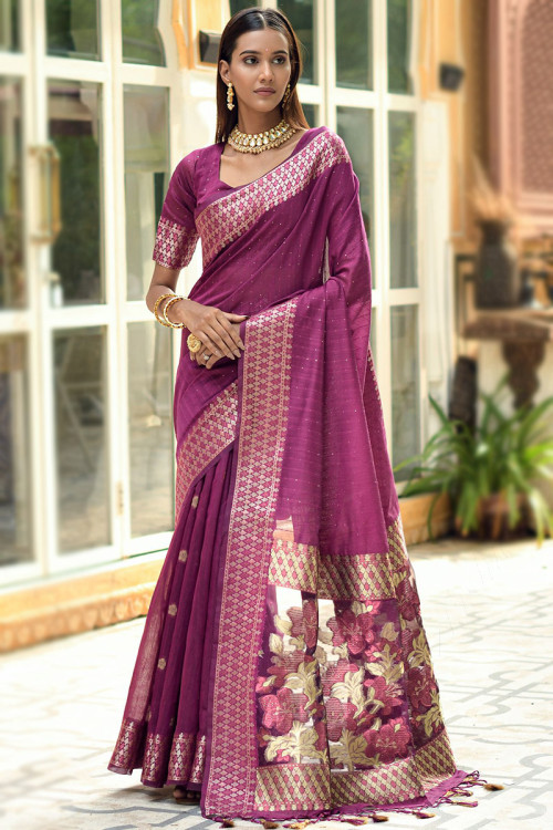 cotton silk plum purple embroidered broad border saree sarv158575 1