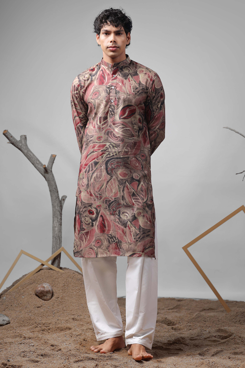 Cotton Silk Printed Men's Straight Cut Dusty Mauve Kurta Pajama
