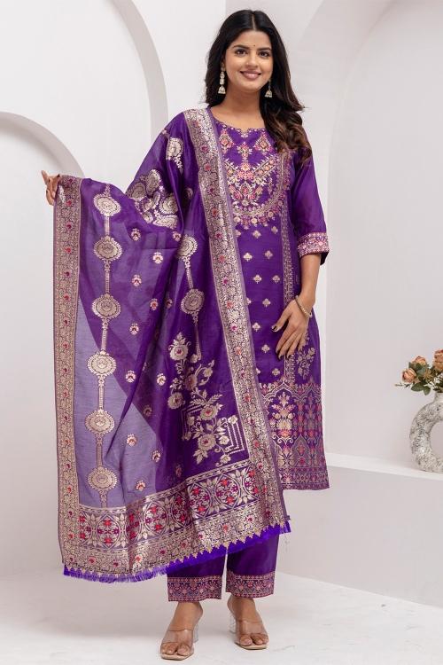 Cotton Silk Purple Straight Cut Trouser Suit With Weaved Work 