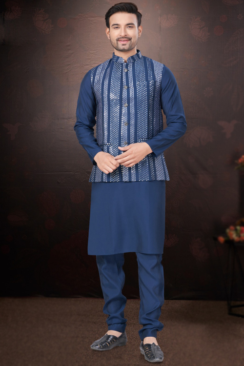 Cotton Silk Royal Blue Jacket Style Men's Plain Kurta Churidar