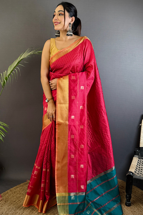 Cotton Silk Ruby Pink Weaved Saree for Wedding Wear