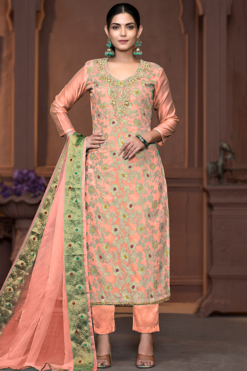 Cotton Silk Salmon Peach Woven Zari Straight Cut Trouser Suit