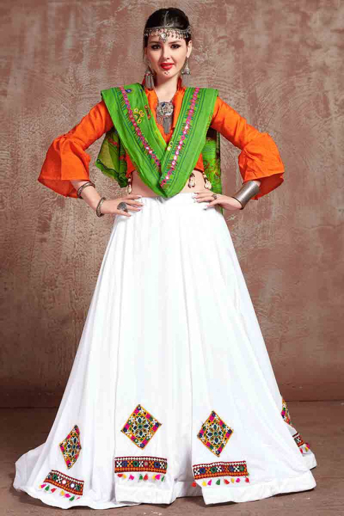 Cotton Silk White Patch Embroidered Flared Lehenga