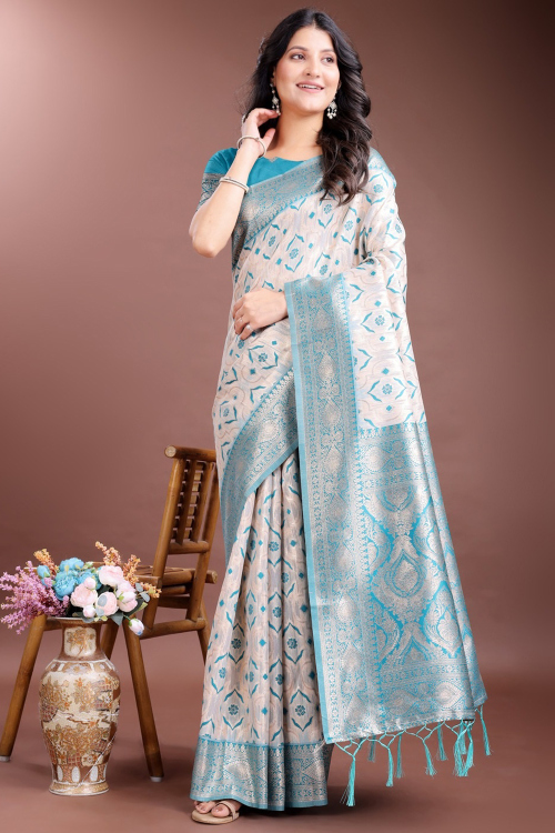 Cotton Silk White Saree With Weaved Work For Navratri