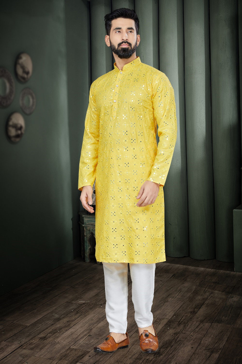 Cotton Silk Yellow Embroidered Men's Kurta Pajama