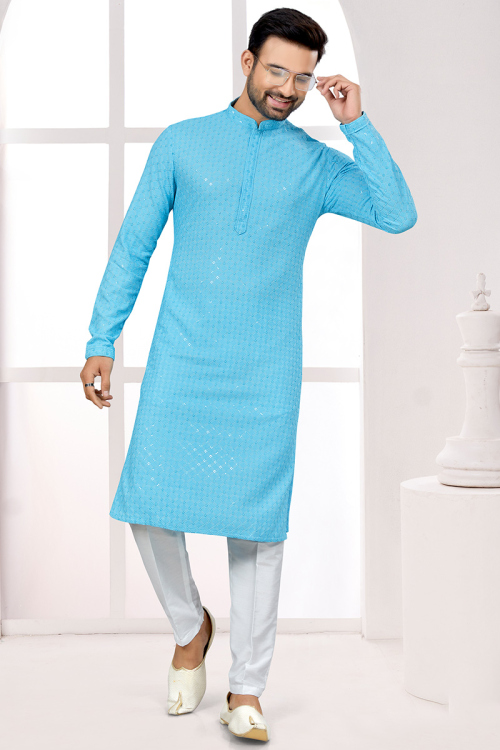 Cotton Sky Blue Embroidered Men's Kurta Pajama