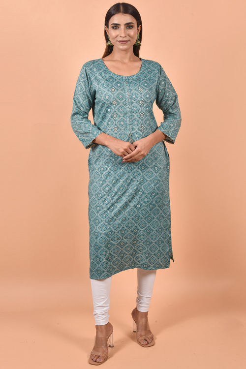 Cotton Teal Blue Kurti With Print 