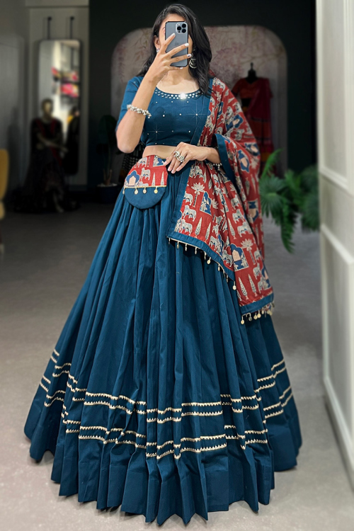 Cotton Teal Blue Lace Embroidered Flared Chaniya Choli 