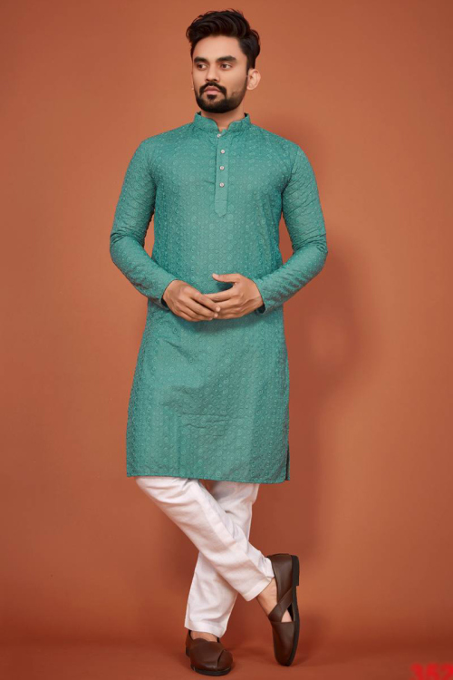Cotton Teal Green Straight Cut Men's Kurta