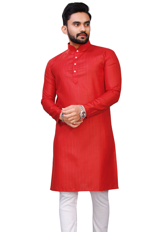 Cotton Tomato Red Weaved Lurex Thread Straight Cut Men's Kurta 
