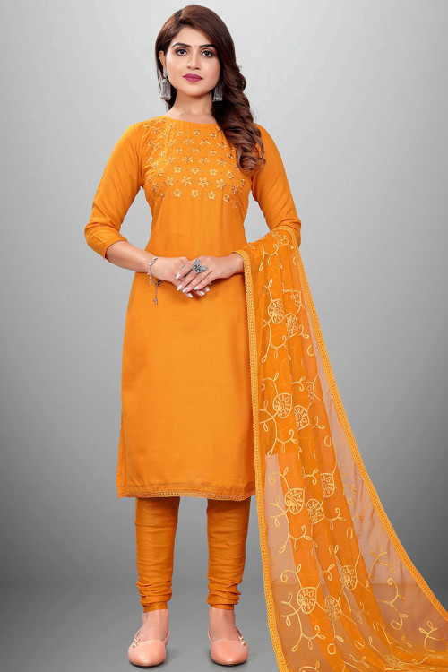 Cotton Turmeric Yellow Embroidered Straight Cut Suit