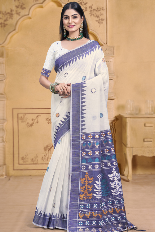 Cotton Weaved Thread Off White Light Weight Saree