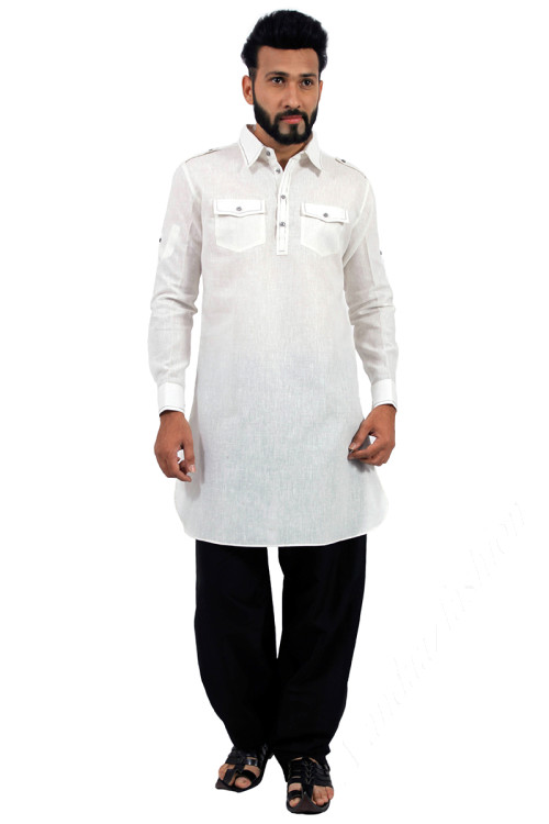 Straight Cut Men Kurta Pajama in Cotton White for Party 