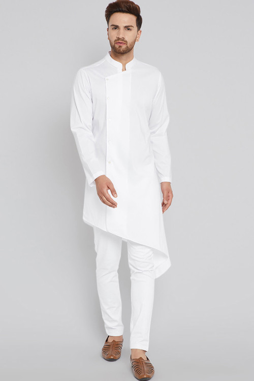 Cotton White Plain Men Kurta Pajama