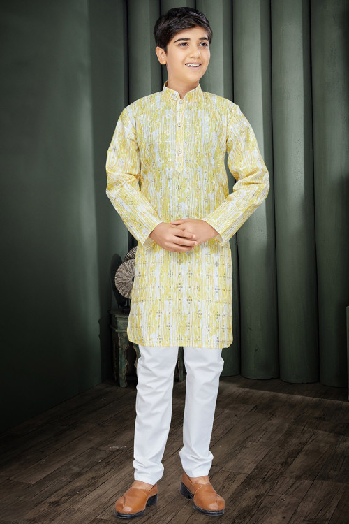Cotton White Resham Thread Embroidered Boy's Kurta Pajama