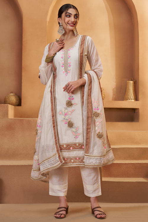 Cotton White Trouser Suit With Mirror Work For Casual Wear