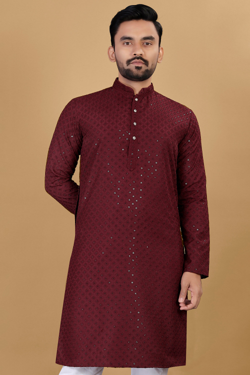 Cotton Wine Maroon Embroidered Straight Cut Men's Kurta