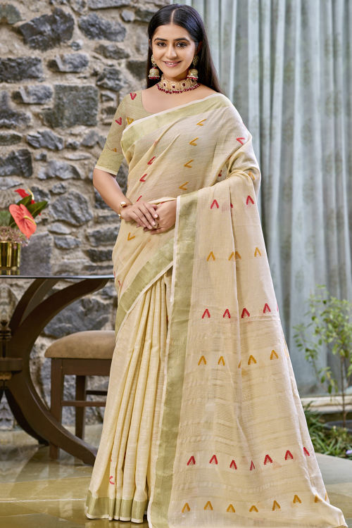 Cotton Woven Zari Oat Beige Light Weight Saree 