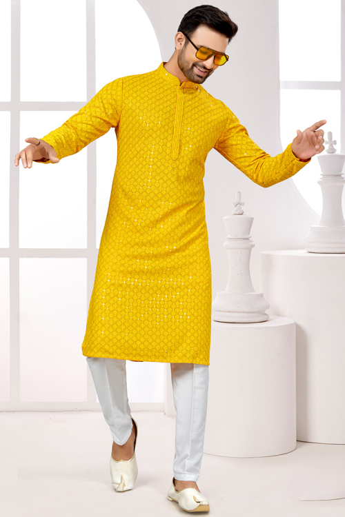 Cotton Yellow Embroidered Men's Kurta Pajama