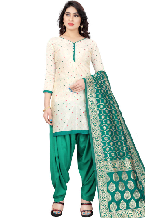 Bottle Green And Cream Color Salwar Suit With Taffeta Silk Fabric