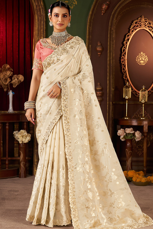 Cream Art Silk Beads Embroidered Heavy Saree