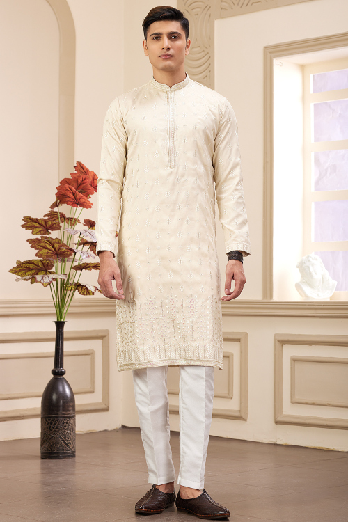 Cream Art Silk Embroidered Men's Straight Cut Kurta Pajama