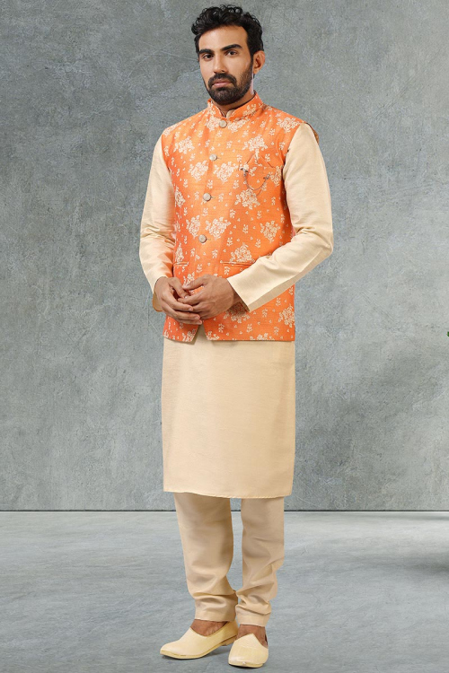 Cream Art Silk Indo-Western Men Kurta Pajama