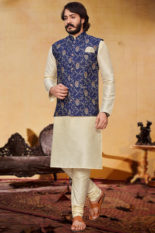 Cream Art Silk Jacket Style Men's Kurta Churidar