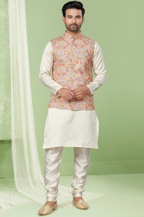 Minimalist Cream Art Silk Jacket Style Men's Kurta Set