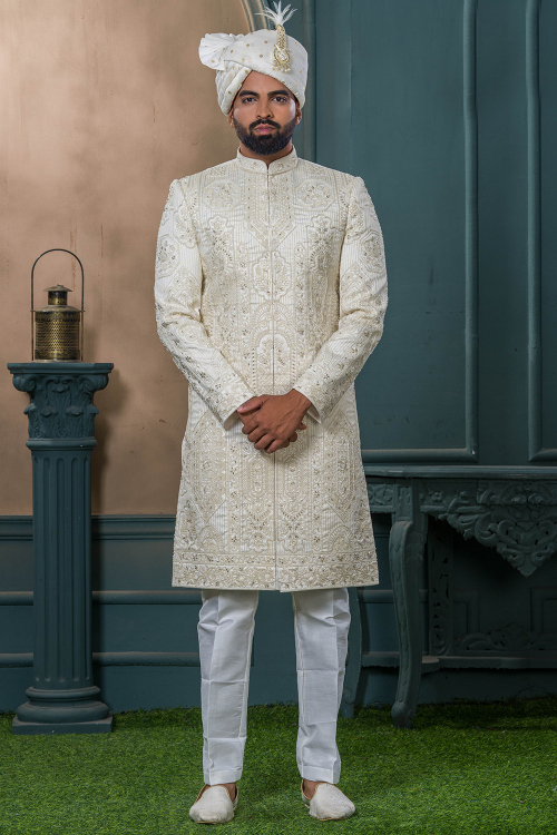 Cream Art Silk Men's Sherwani With Cutdana Work For Wedding