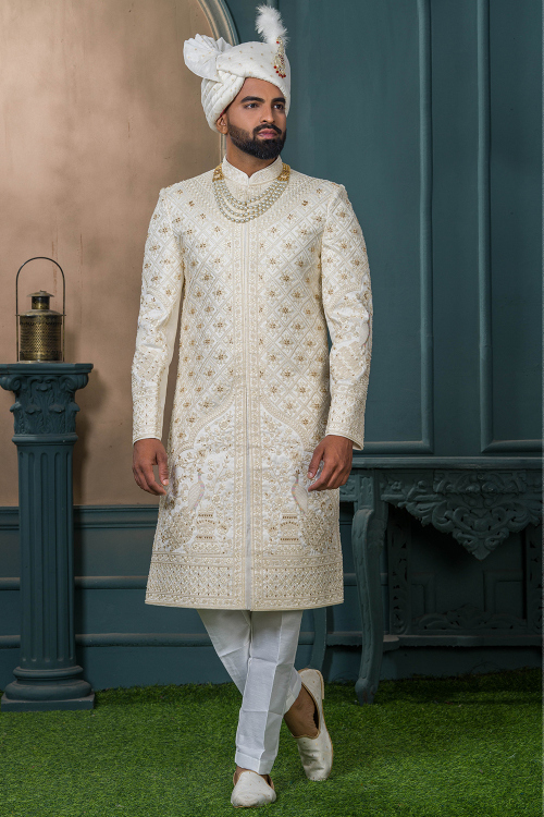 Cream Art Silk Men's Sherwani With Cutdana Work For Wedding