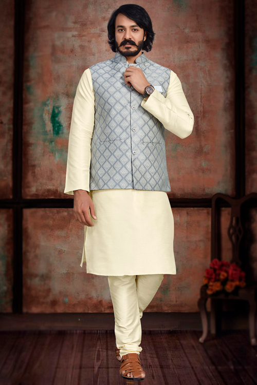 Traditional Men Kurta Pajama in Art Silk Cream for Party 