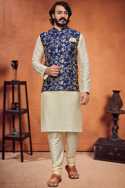 Cream Art Silk Traditional Jacket Style Men's Kurta Churidar