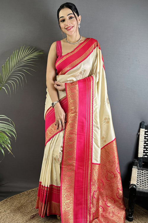 Cream Art Silk Weaved Broad Border Saree