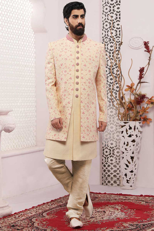 Cream Banarasi Silk Jacket Style Men's Sherwani