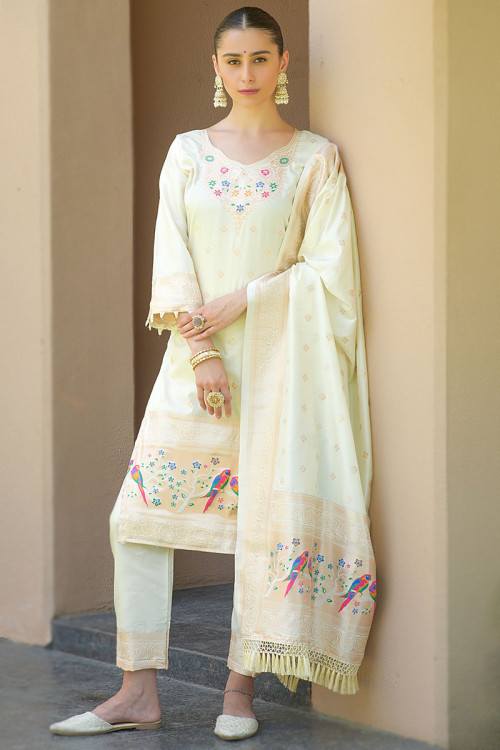 Cream Banarasi Silk Trouser Suit with Woven Zari Work