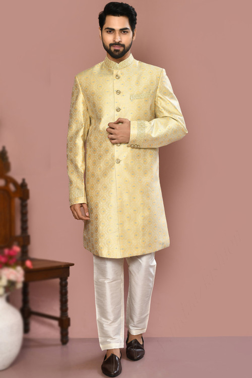 Cream Banarasi Silk Woven Zari Men Sherwani