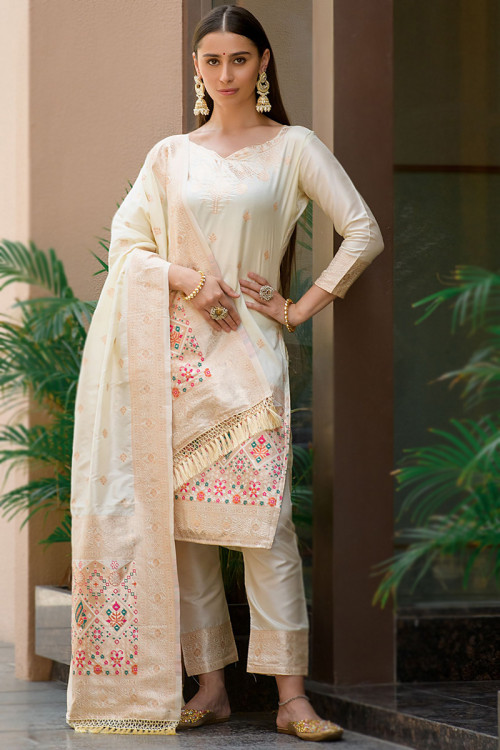 Cream Banarasi Silk Woven Zari Straight Cut Trouser Suit 