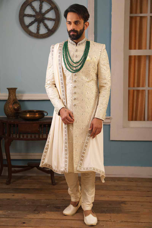 Cream Banglori Silk Designer Sherwani For Men