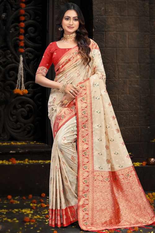 Cream Beige Art Silk Broad Border Saree With Weaved Work