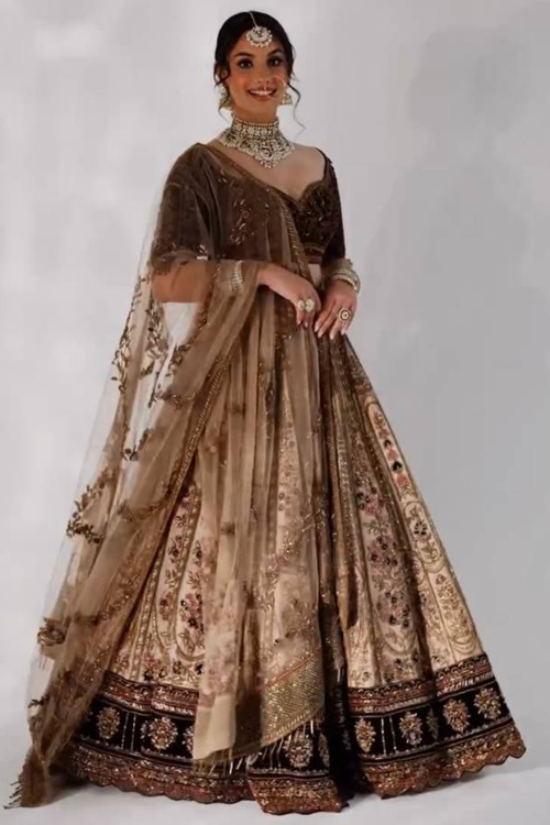 Cream Beige Art Silk Embroidered A Line Lehenga For Wedding